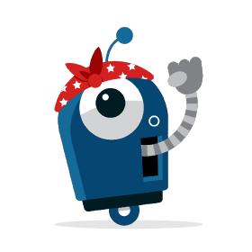 One-Eyed Oblong Robot with raised fist and kerchief like rosie the riveter